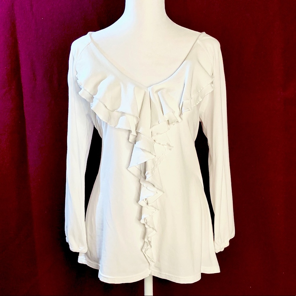 Garnet Hill White Long Sleeve Ruffled V-Neck Top